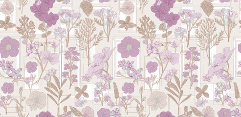 Abstract Handmade Floral pattern wallpaper with purple and beige elements, for gift wrap and wallpaper