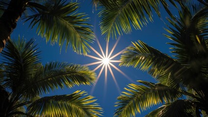 Fototapeta premium Sunlight Radiating Through Vibrant Palm Fronds Against a Clear Blue Sky