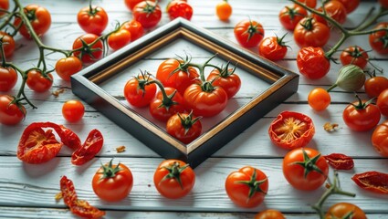 Fresh cherry tomatoes with sun-dried varieties arranged artistically around a black wooden frame on a rustic white wood table.