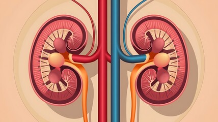 Highly detailed anatomical illustration of human kidneys with semi-transparent view and blood vessel network.