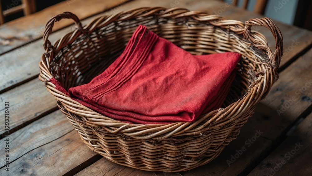 Aufkleber wicker basket with a vibrant red cotton napkin on a rustic wooden table showcasing empty space for t