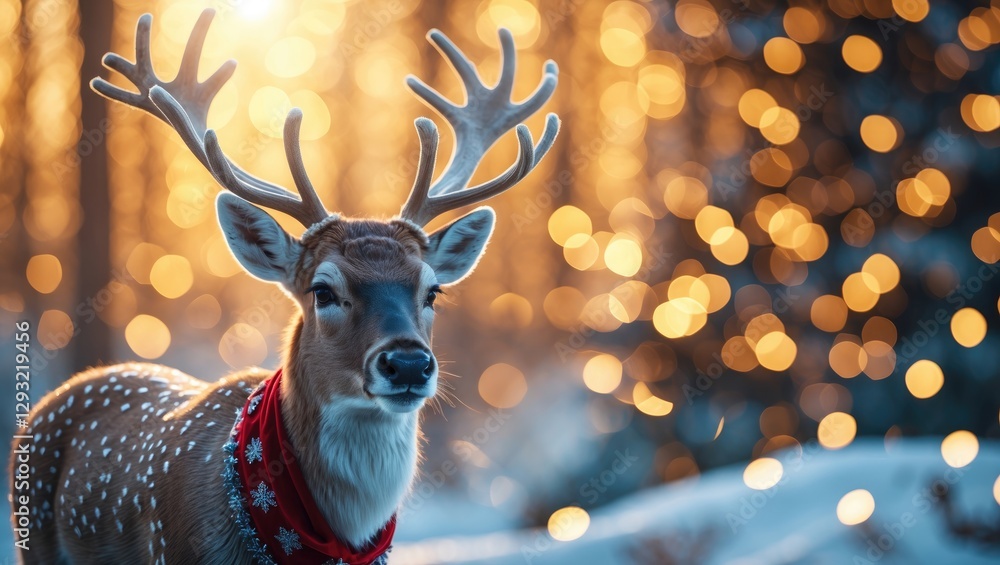 Poster reindeer in winter setting with golden bokeh lights and festive scarf creating a magical christmas a