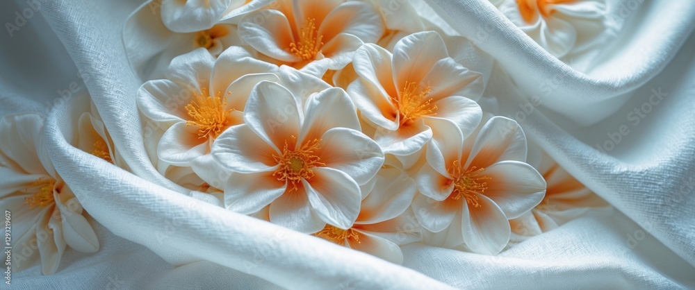 Poster elegant white fabric texture with delicate flowers creating a serene and fresh background for variou