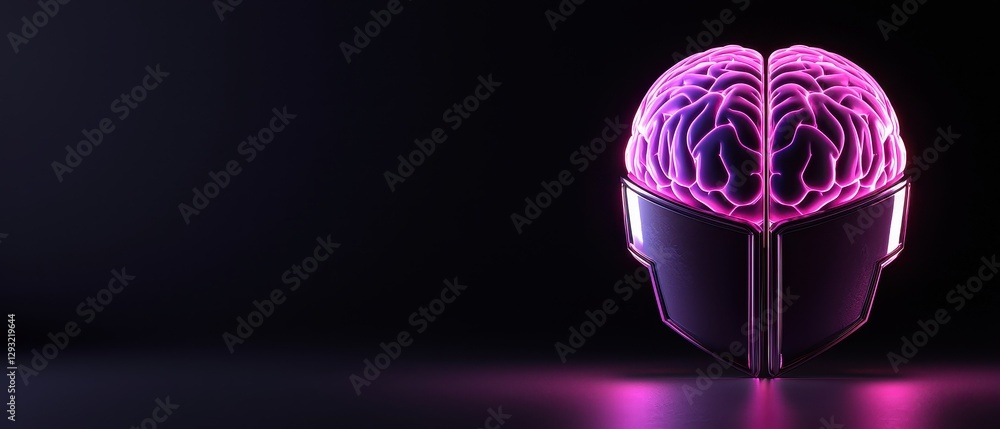 Poster futuristic brain with neon lights and a sleek visor design representing advanced intellect.