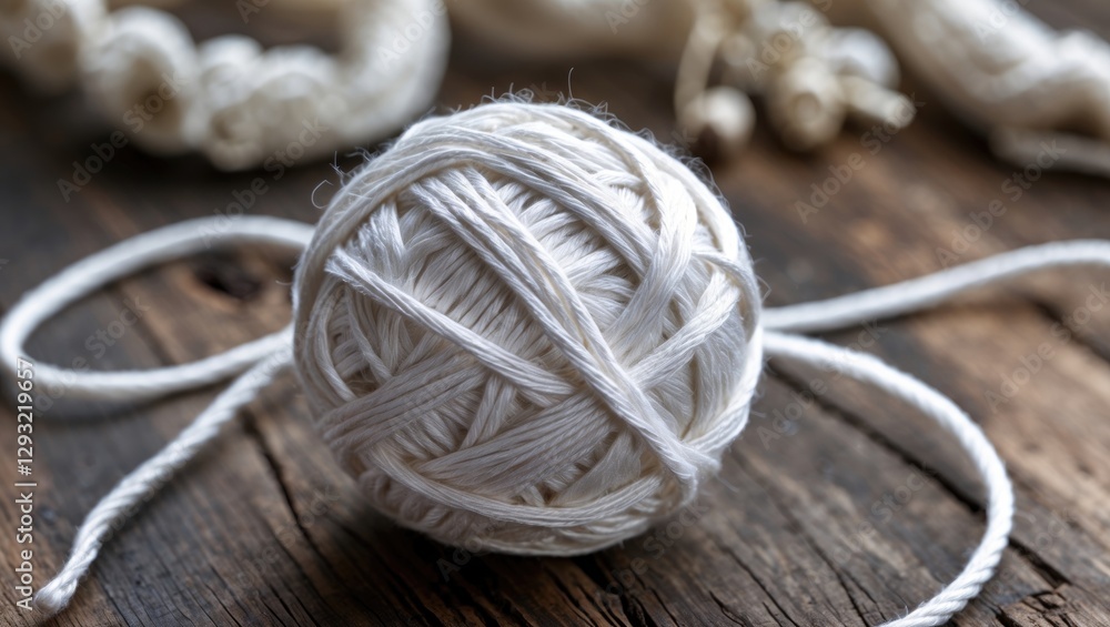 Aufkleber white cotton thread ball on rustic wooden table with loose threads in background creating a serene c