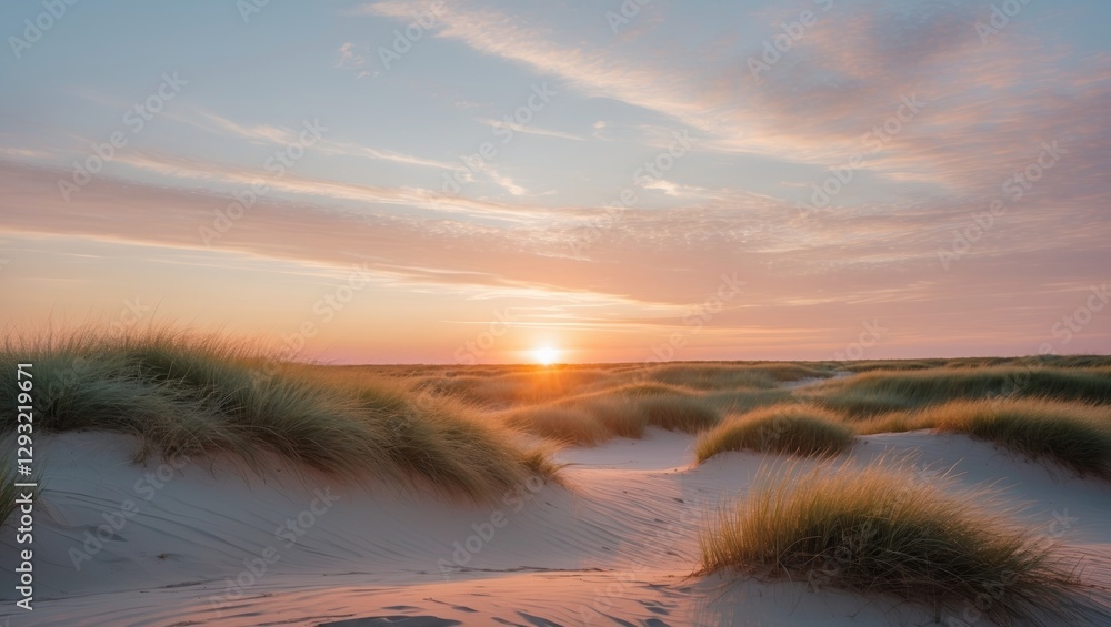 Poster serene sunset over grassy dunes with pastel sky creating a tranquil atmosphere and empty copy space 