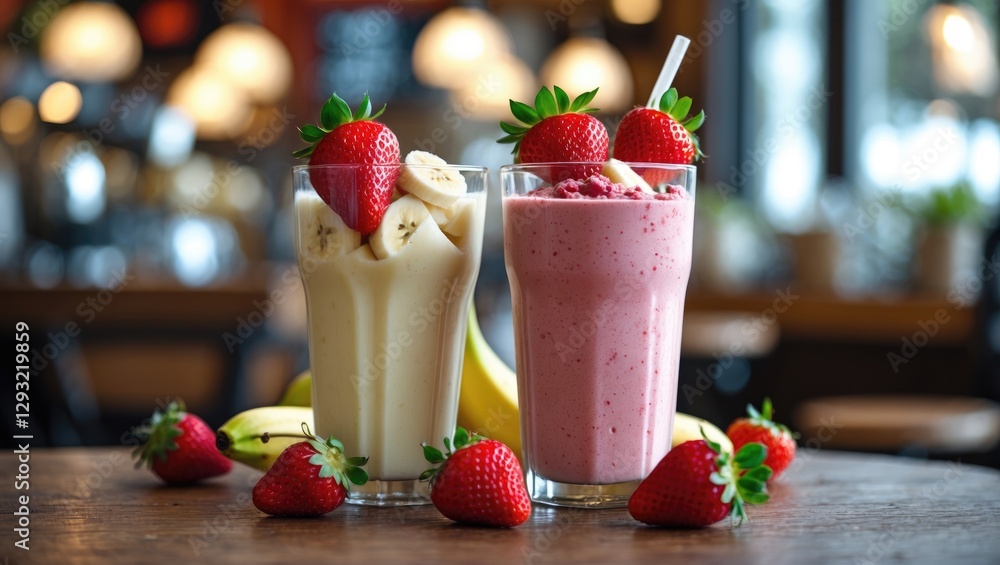 Poster refreshing strawberry and banana smoothies served in a cozy cafe setting with fresh berries and soft
