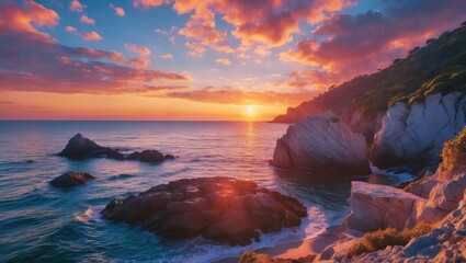 Obraz premium Vibrant sunset over tranquil seascape with rocks and coastline creating serene atmosphere and ample space for text or overlay designs.