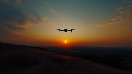 Obraz premium Mavic 2 Pro Drone Flying Silhouette in Sunset Sky Background
