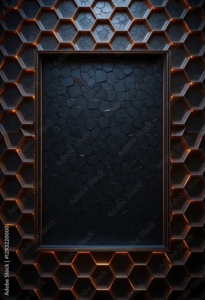 Poster sophisticated black hexagon pattern with illuminated frame backdrop