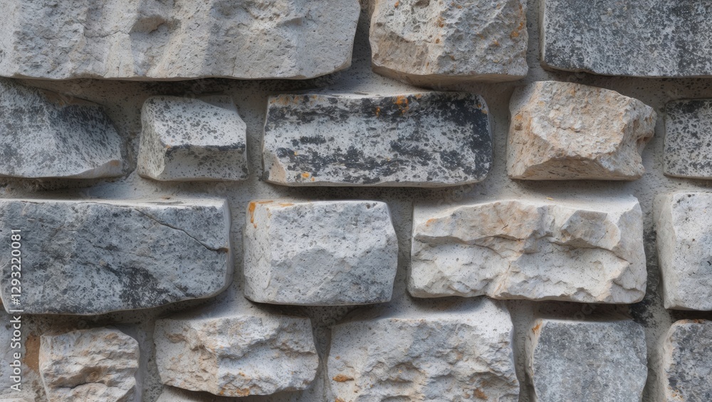 Poster textured stone wall background with varied sizes and colors of stones creating a rustic and natural 