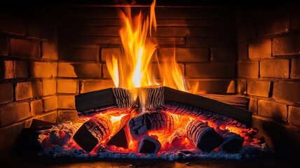 Cozy fireplace with burning firewood