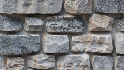 Textured stone wall background with varied sizes and colors of stones creating a rustic and natural appearance for architectural designs.