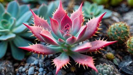Obraz premium Vibrant Succulent Plant with Pink Edges and Sharp Thorns Surrounded by Diverse Greenery on Rocky Surface