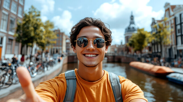 Smiling young traveler taking selfie with backpack near canal in European city - Powered by Adobe