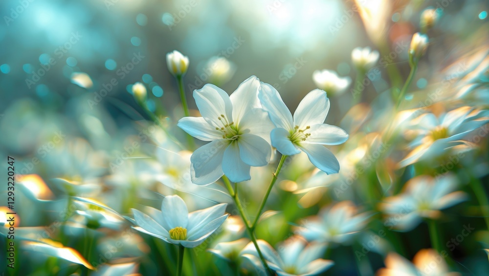 Poster delicate white spring flowers in soft focus with a dreamy bokeh background creating a serene and ref