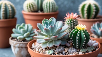 Colorful Succulents and Mini Cacti in Terracotta Pots with Unique Shapes and Textures on Soft Background for Home Decor and Gardening Inspiration
