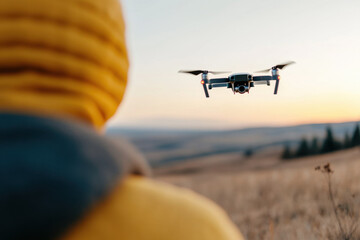 Videographer flying drone recording nature landscape at sunset