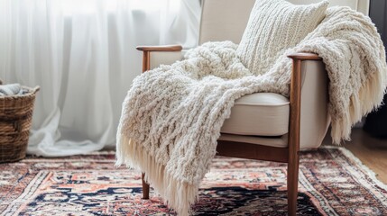 Cozy Living Room with Knitted Blanket and Chair
