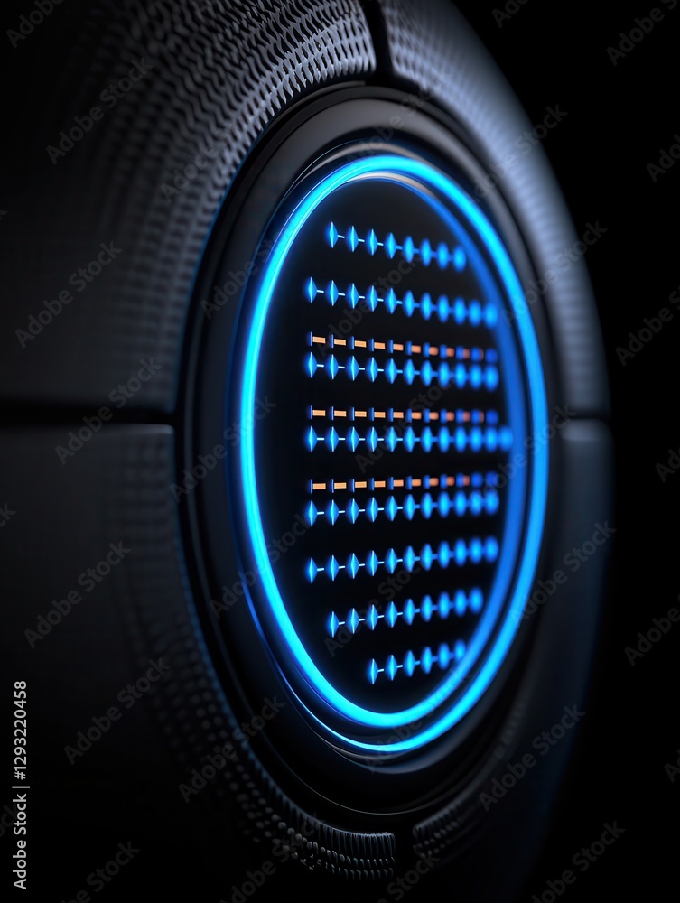 Poster futuristic circular device with glowing blue accents and intricate patterns.