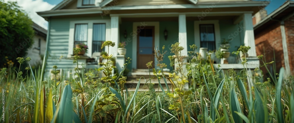 Poster lush wild grass and plants growing in front of a charming house with clear space for adding text or 