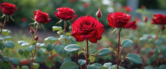 Obraz premium Vibrant Red Roses Blooming in Garden with Soft Focus Background and Space for Text