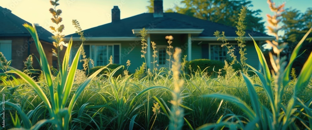 Aufkleber vibrant wild plants and grass in front of a house with soft background and space for text or messagi