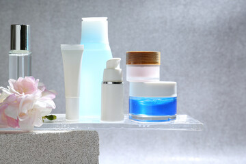 Presentation of body care products against blurred background