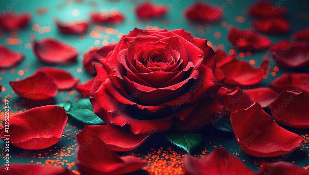 Poster elegant close-up of a red rose surrounded by petals on a soft surface creating a romantic and inviti
