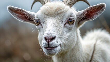 Obraz premium Close-Up of a White Goat with Distinctive Features and Space for Text or Graphic Overlay in Natural Outdoor Setting