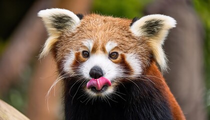 Playful Red Panda with Tongue Out Showing Funny Face in Forest, Exuding Joy and Whimsy, Capturing the Charm of Wildlife Photography.