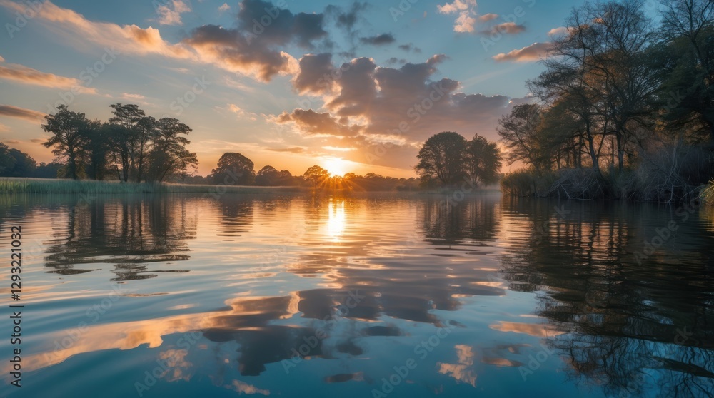 Aufkleber sunset reflections on serene water surface with trees and clouds creating a picturesque and calming 