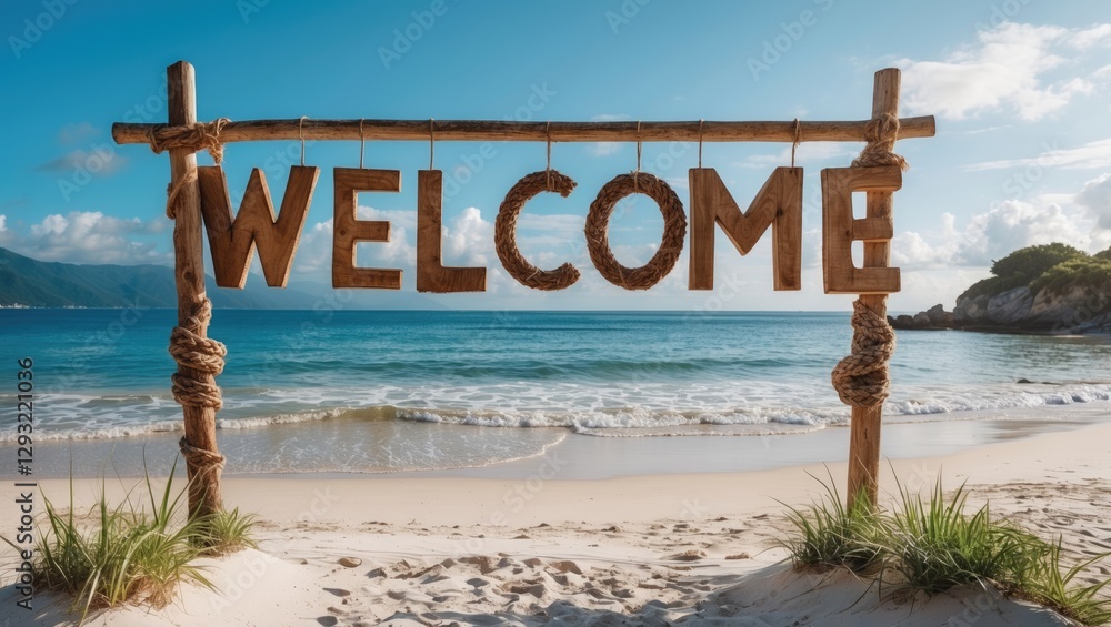 Aufkleber welcome signage on scenic beach with clear space for text and ocean view in background