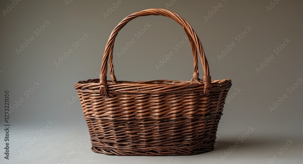 Poster elegant wicker brown basket isolated on neutral background with space for text or decorative element
