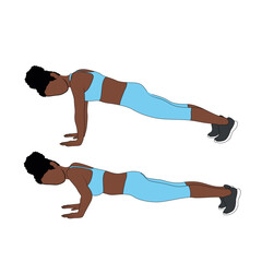 A Black African woman in blue clothing doing push ups exercise. Flat vector illustration isolated on white background