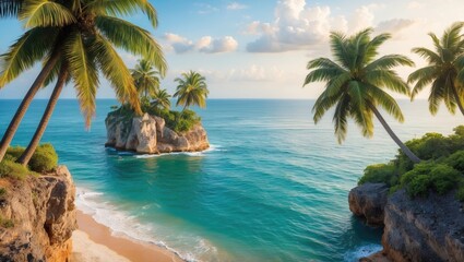 Tranquil Tropical Beach Scene with Palm Trees, Clear Blue Water and Smooth Sand under a Bright Sky for Relaxation and Travel Inspiration.