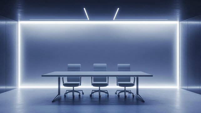 Modern meeting room with sleek table and chairs, embodying simplicity and professionalism in corporate design.