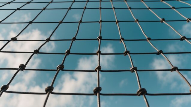 Wire mesh against a bright blue sky showcasing clouds and structural patterns in a serene outdoor setting.