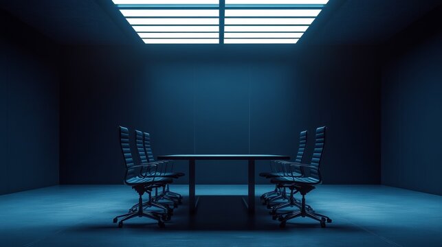 Modern meeting room with sleek table and chairs, embodying simplicity and professionalism in corporate design.