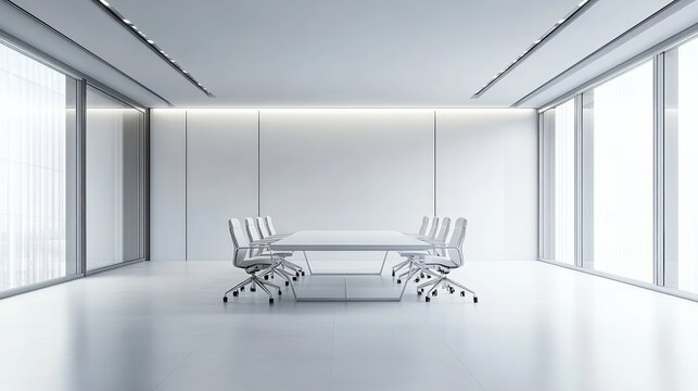 Modern meeting room with sleek table and chairs, embodying simplicity and professionalism in corporate design.