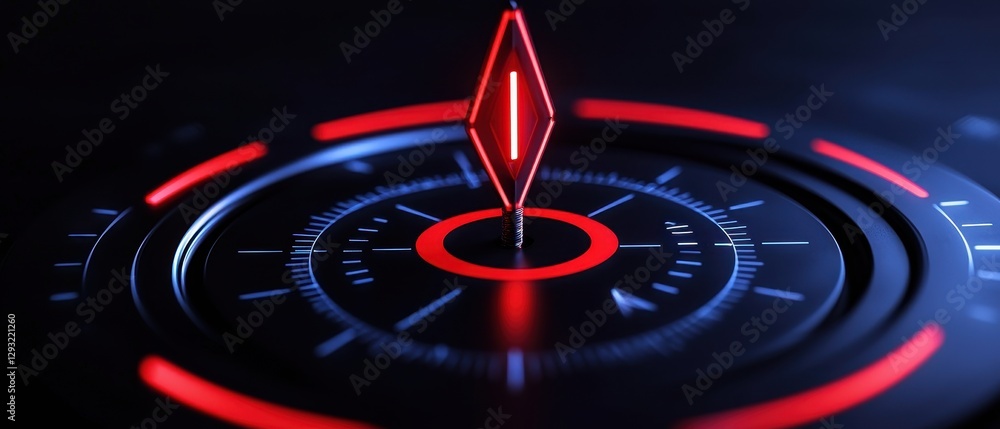 Poster futuristic compass with a glowing red pointer against a dark background.
