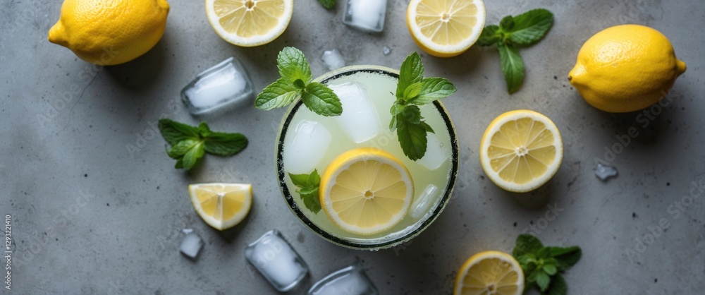 Poster refreshing homemade lemonade with mint leaves and ice on concrete table top view with copy space for