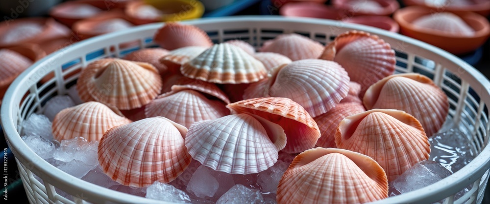 Poster colorful scallops on ice in a market basket showcasing their abstract concentric patterns and curved