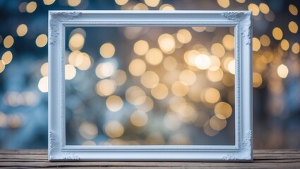 Elegant white frame with blank space on wooden surface, surrounded by a dreamy bokeh light background for artistic or decorative use.