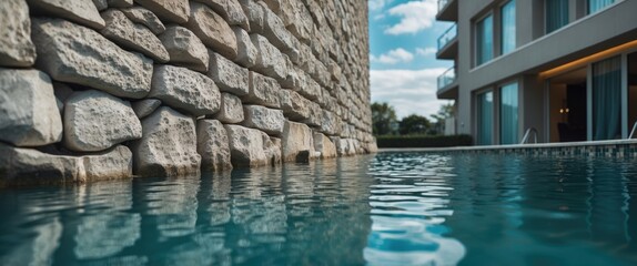 Obraz premium Modern hotel poolside view featuring a stone wall reflection in serene water, emphasizing tranquility and luxury in architecture.