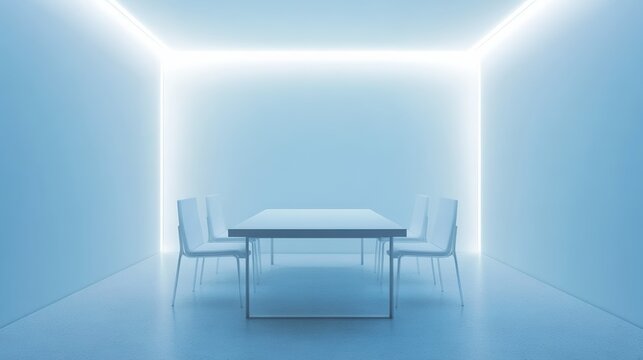 Modern meeting room with sleek table and chairs, embodying simplicity and professionalism in corporate design.