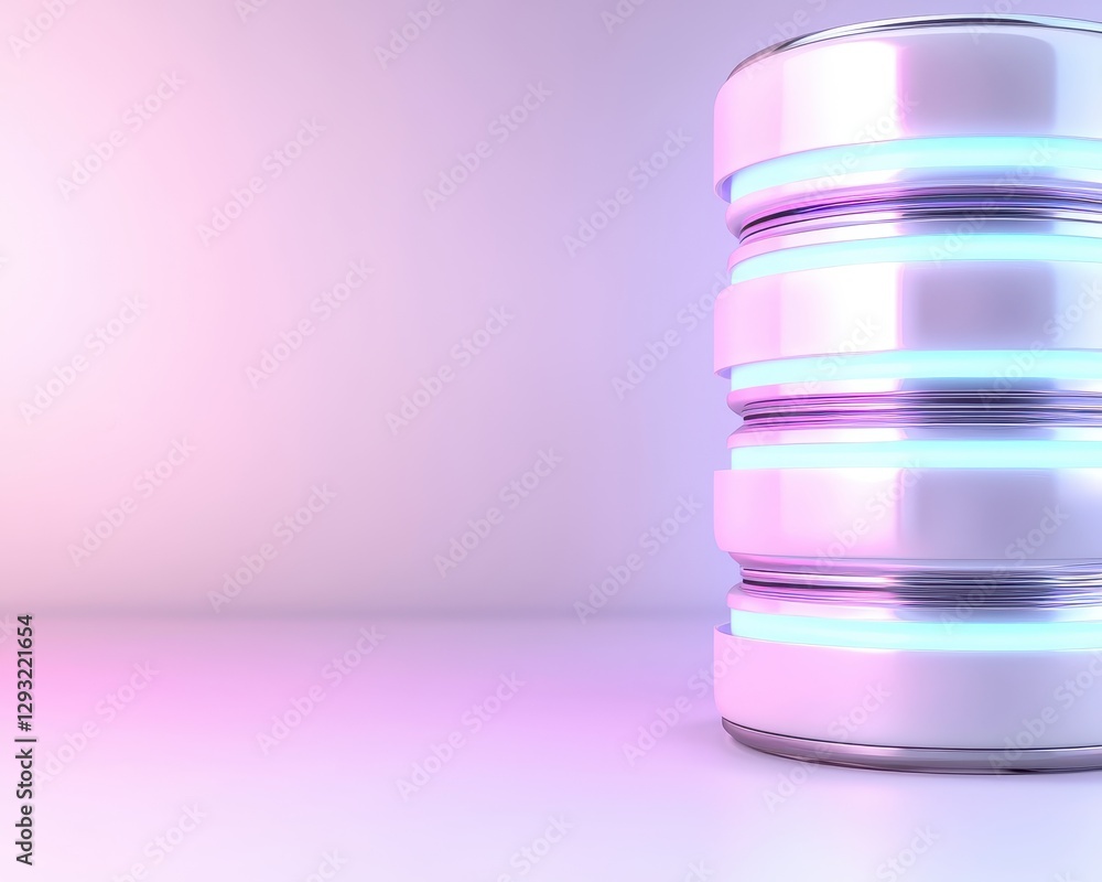 Poster futuristic data storage unit glowing with vibrant colors in a modern setting.