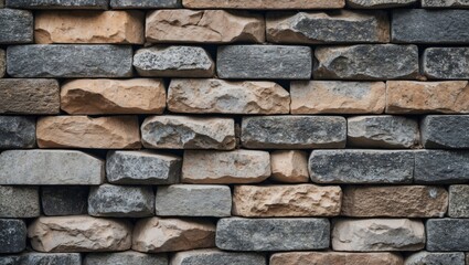 Fototapeta premium Textured stone wall background showcasing a mix of gray and beige stones arranged in a random pattern for versatile design applications.