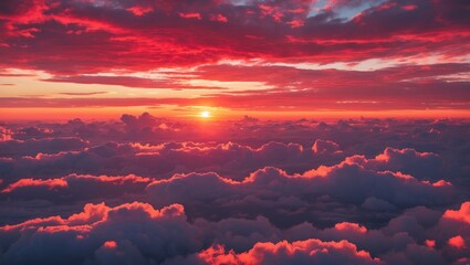 Naklejka premium Vibrant Sunset Over Fluffy Clouds with Red Sky and Soft Lighting Captured from Airplane Window High Above the Horizon