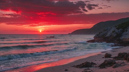 Obraz premium Vibrant sunset over a tranquil beach with waves and rocky shore, showcasing a dramatic red sky and empty space for text.